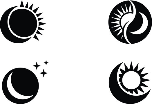 Celestial sun and moon silhouette logo set vector icon collection with crescent phase stars and eclipse balance