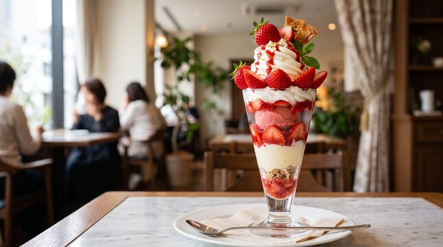Japanese strawberry parfait with fresh strawberries and cream
