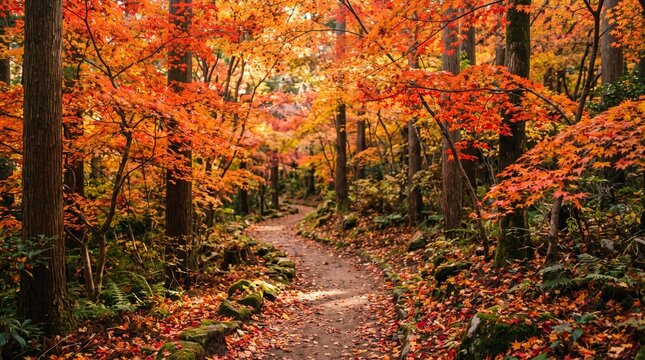 Beautiful autumn maple leaves along a forest path in Japan