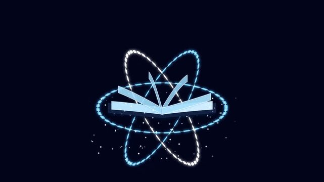 Animated Glowing Book with Orbiting Atomic Rings