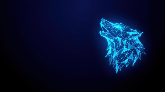 Futuristic glowing blue wireframe wolf head in digital plexus hologram style, representing cyber innovation and advanced technology on dark gradient background