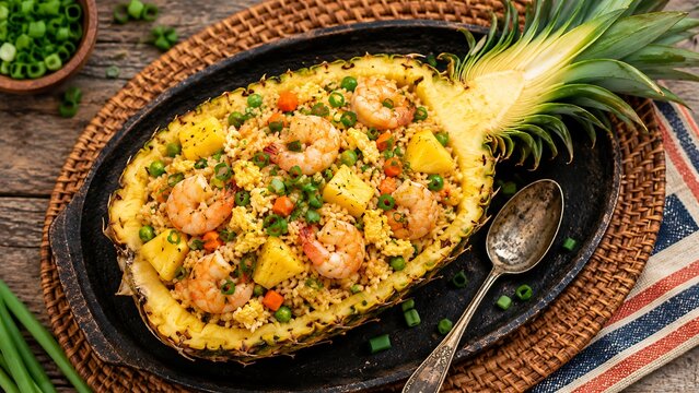 Tropical pineapple rice dish with shrimp served on woven tray for