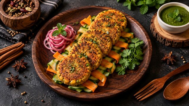 Vegetarian dish with spiced patties and fresh salad on rustic wooden