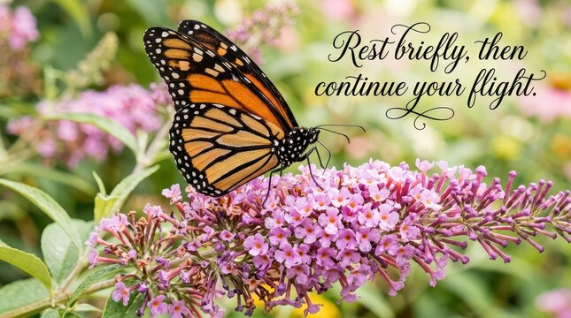 Monarch butterfly resting on a purple butterfly bush flower with inspirational quote