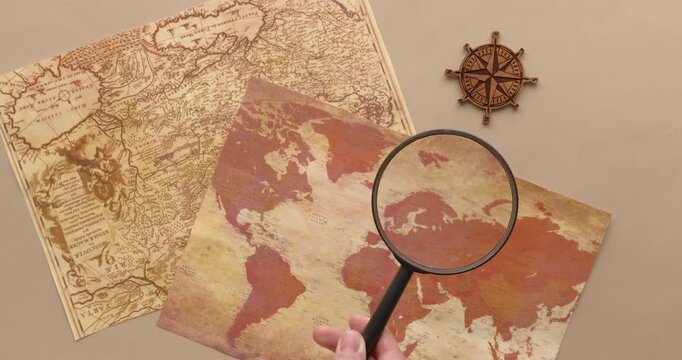 Vintage Treasure Map with Magnifying Glass and Compass &ndash; Antique Cartography Exploration