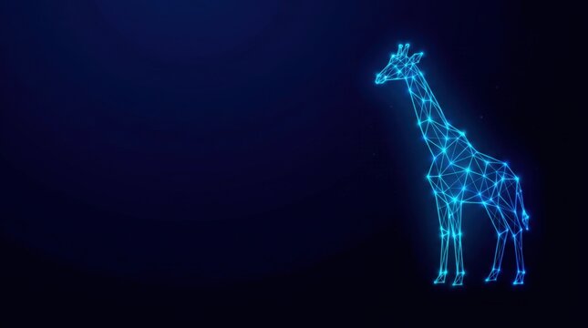 Futuristic glowing blue wireframe giraffe in digital plexus hologram style, representing artificial intelligence and cyber technology on dark gradient background