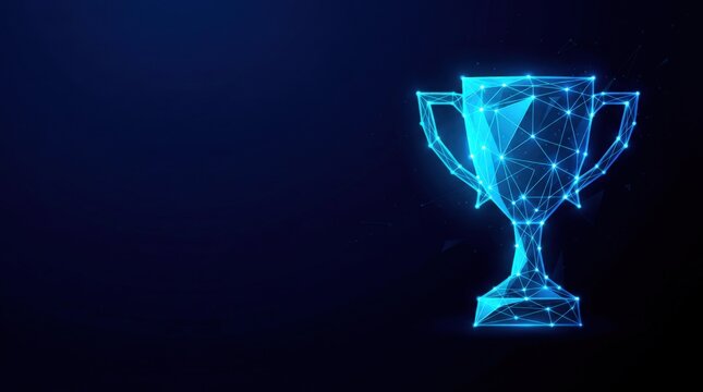 Futuristic glowing blue wireframe trophy in digital plexus hologram style, representing achievement and cyber technology on dark gradient background