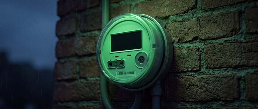 Green smart electric utility meter mounted on red brick exterior wall wall displaying consumption data for residential energy monitoring usage