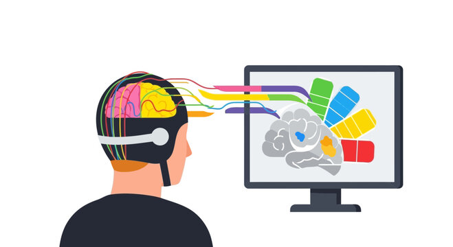 Brain-Computer Interface Concept Illustration: Neural Link and Digital Creative Process between Human Mind and Computer Screen