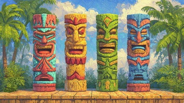 Four colorful carved tiki totems on wooden platform in tropical setting