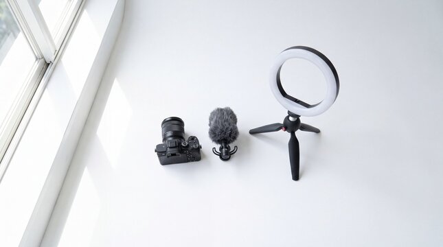 Professional Vlogging Kit with Camera and Microphone on White Background