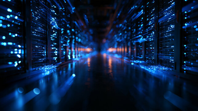 Modern Data Center with Glowing Blue Server Racks