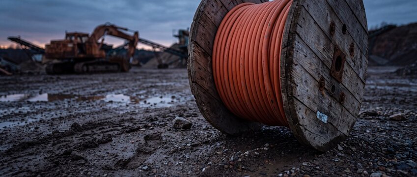 Large wooden cable spool with orange wire on muddy ground at construction site with heavy machinery