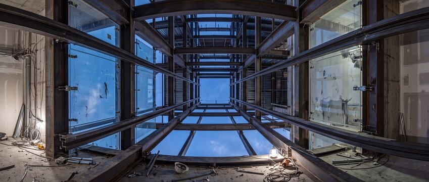 Low angle view looking up through industrial steel framework structure of elevator shaft construction site toward clear blue sky above