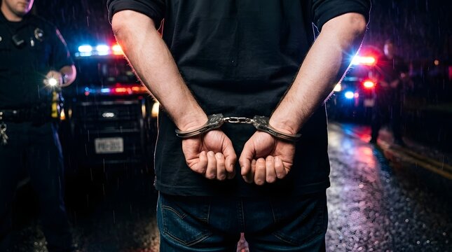 Close up of a man's hands in silver metal handcuffs being arrested by police officers at night on a wet street with flashing red and blue emergency vehicle lights in the background.
