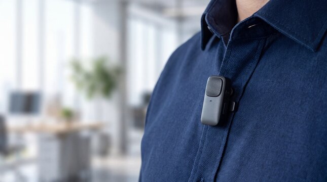 Wireless Lavalier Microphone Clipped to Shirt Collar for Professional Audio Recording