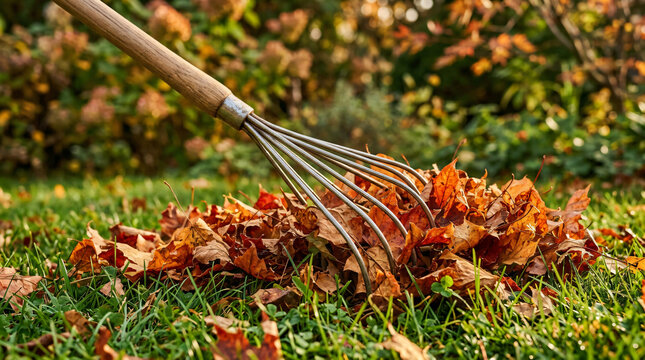 Close up shot of a metal wire garden rake gathering and cleaning vibrant orange and brown autumn leaves scattered across green grass lawn during sunny fall day seasonal yard work maintenance