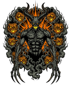 Horror Halloween Demon with Jack-o'-Lantern Pumpkins Illustration