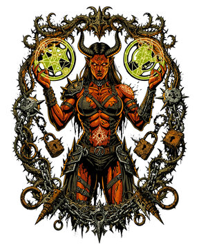 Powerful Demoness Sorceress with Magic Symbols and Dark Chains