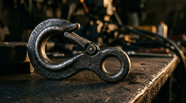 Close-up of a heavy-duty forged steel lifting hook with a spring-loaded safety latch mechanism, resting on a dark worn workbench inside an industrial workshop with soft atmospheric lighting.