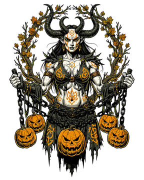 Powerful Horned Demon Queen with Jack-o'-Lanterns