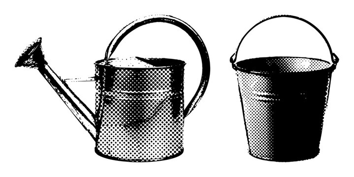Watering can and metal bucket garden tools in halftone engraving style