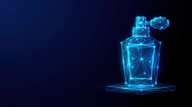 Futuristic glowing blue wireframe perfume bottle in digital plexus hologram style, representing artificial intelligence and cyber technology on dark gradient background