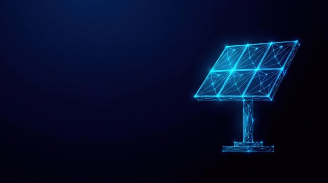 Futuristic glowing blue wireframe solar panel in digital plexus hologram style, representing renewable energy and cyber technology on dark gradient background