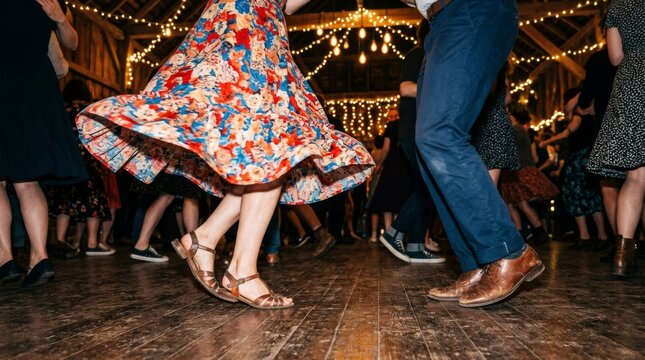 A couple dances together on a wooden floor during a festive barn wedding party.