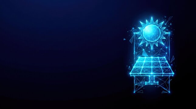 Futuristic glowing blue wireframe solar panel in digital plexus hologram style, representing renewable energy and advanced cyber technology on dark gradient background