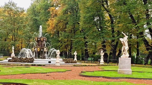 The Summer Garden in autumn. A park gathering and monuments set against autumn foliage, St. Petersburg, Russia, October 1, 2026.