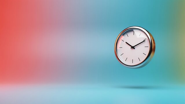 Metallic silver wall clock hovering on red and blue split background.