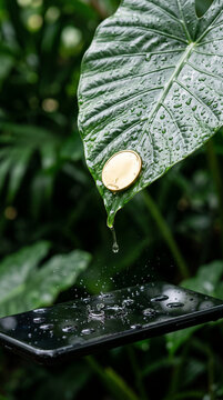 Water dripping from a leaf onto a smartphone