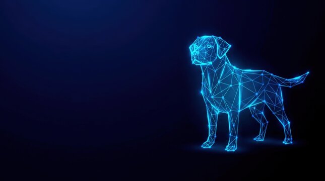 Futuristic glowing blue wireframe dog in digital plexus hologram style, representing advanced cyber technology and futuristic design on dark gradient background