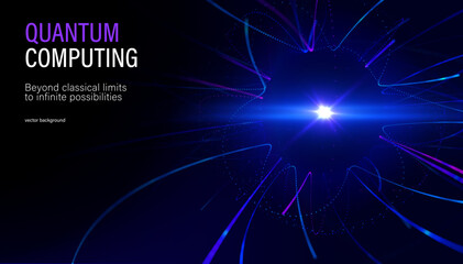 Obraz premium Abstract technology vector background with luminous blue and purple lines converging in perspective, evoking data flow, digital networks, communication, energy and futuristic technology.