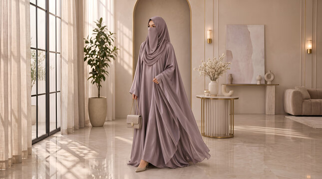 Muslim woman in elegant mauve abaya and niqab standing in a bright