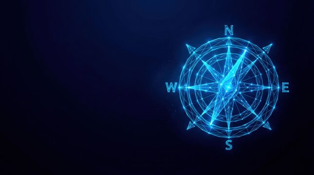 Futuristic glowing blue wireframe compass in digital plexus hologram style, representing advanced navigation and cyber technology on dark gradient background