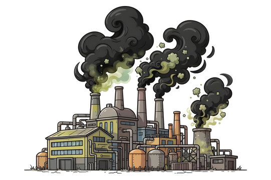 Industrial factory releasing toxic smoke vector illustration, Cute cartoon manufacturing plant with air pollution flat design, Carbon emissions and climate change concept graphic element
