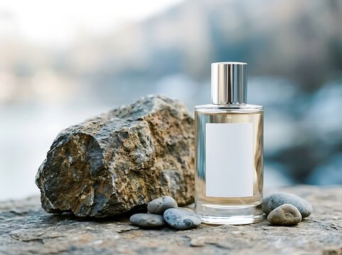 A glass perfume bottle with a blank label standing next to natural rocks outdoors in daylight