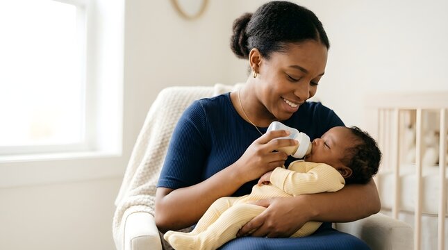 Happy African American mother sitting in a chair and bottle feeding her newborn baby at home in a bright nursery, celebrating the beautiful bond between parent and child with love and care.