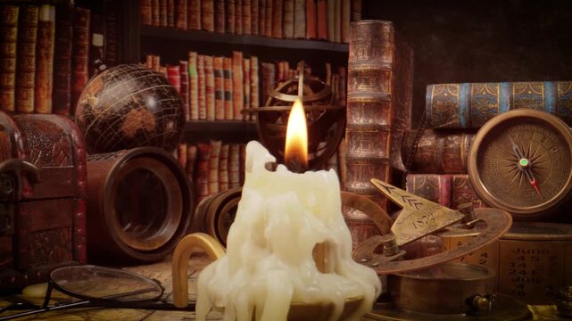 Vintage nautical compass and melting candle on old library desk with antique globes and leather books in background.