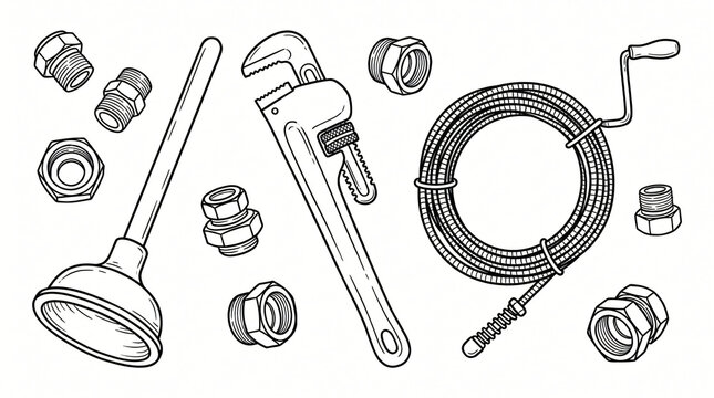 Household plumbing hardware tools line art doodle graphic collection hand drawn minimalist layout containing professional plumbing plunger adjustable pipe wrench connector joints outline