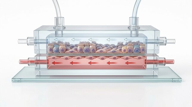 Organ-on-a-chip microfluidic device with lung epithelial and endothelial cell layers 3d illustration