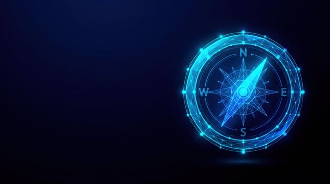 Futuristic glowing blue wireframe compass in digital plexus hologram style, representing advanced navigation and cyber technology on dark gradient background