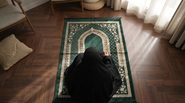 Muslim woman in hijab praying on a green prayer rug in a sunlit home