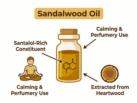 Sandalwood oil infographic illustration showing a glass vial of golden essential oil alongside a wood cross-section, a meditating person figure, and descriptive labels.