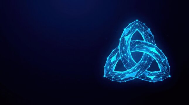 Futuristic glowing blue wireframe trinity symbol in digital plexus hologram style, representing advanced artificial intelligence, cyber networks, and futuristic technology on dark gradient background