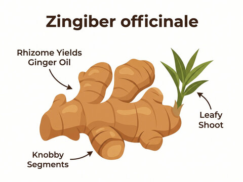 Zingiber officinale ginger root infographic showcasing knobby rhizome segments, fresh leafy shoot, and traditional spice properties.