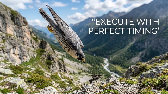 Peregrine falcon in mid-flight dive over a mountainous valley, hunting prey