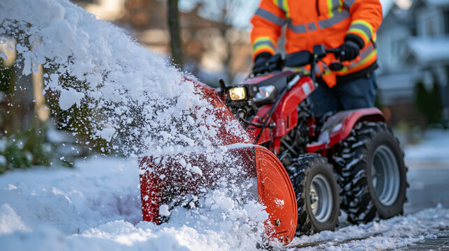 Municipal worker operating a powerful snow blower on a narrow snowy sidewalk, snow spraying dramatically upward from the machine, bright orange winter jacket with reflective safety stripes in sharp 